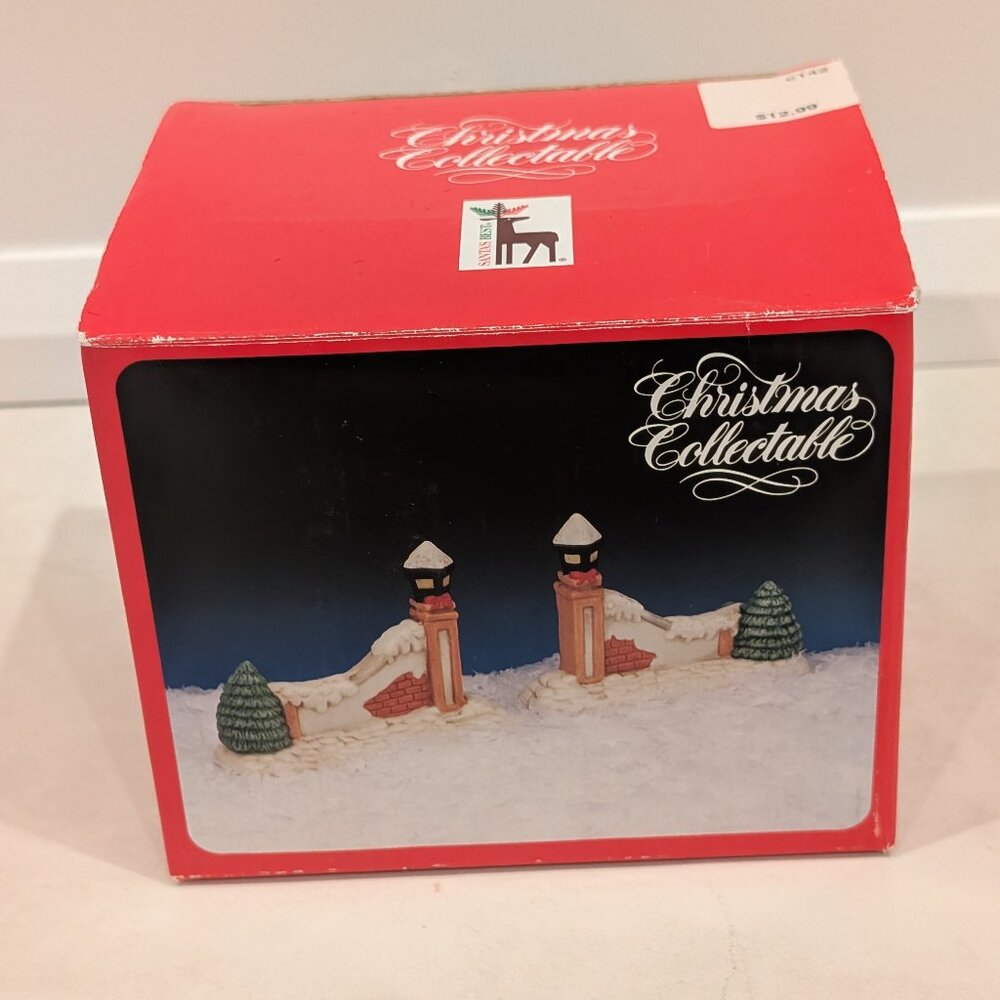 Christmas Collectable brick wall with snow, trees and light posts